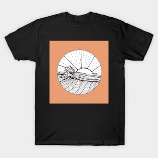 Surfing Abstract Ink Illustration with a coral  background T-Shirt